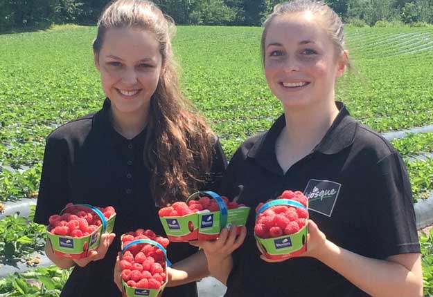 Florence et Sarah-Ève travaillent dans un kiosque près de Québec. Elles tiennent dans leurs mains ces nouvelles framboises qui ont une taille supérieure à la moyenne. © Les Productions horticoles Demers