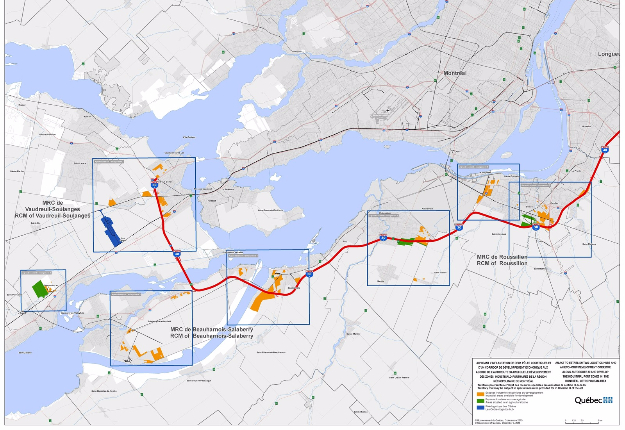 Les sept zones concernées par le projet de loi 85, en Montérégie. Source : Assemblée nationale