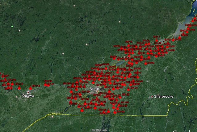 La carte avec les 144 parcelles qui seront survolées ce printemps. Crédit photo : Service canadien de la faune