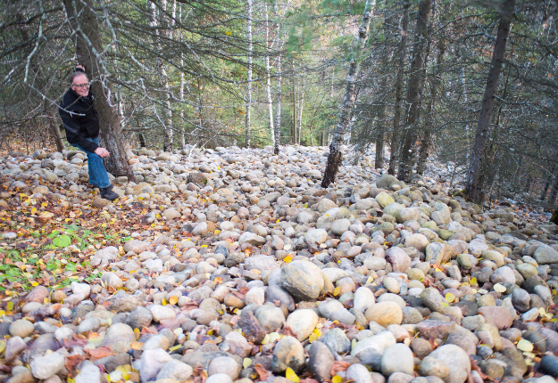 Voilà l’un des emplacements où les Gagnon, grand-père, père et fils, ont déchargé des centaines de remorques remplies de roches. « Ce site mesure 150 pieds de large. Il y a deux voyages d’épais de roches à la grandeur, jusqu’en bas de la côte », évalue M. Gagnon. Crédit photo : Martin Ménard/TCN