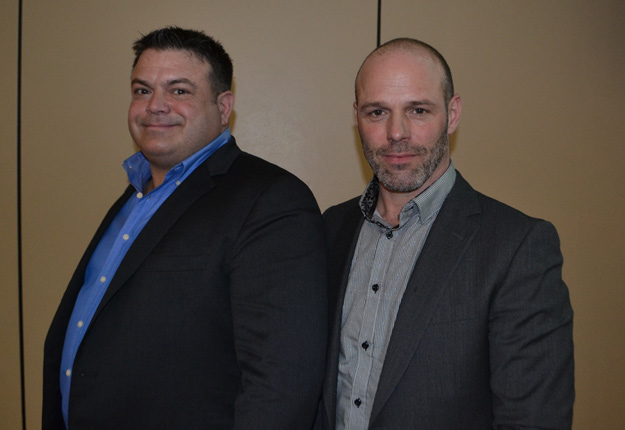 Les frères Jean-François et André Forget, de l’abattoir Les Viandes Forget, ont participé au lancement de Bœuf Québec à Drummondville, le 8 mars. Crédit photo : Gracieuseté de la Société des parcs d’engraissement du Québec