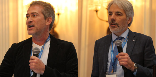 Les professeurs Maurice Doyon (à gauche) et Bruno Larue, lors d'un débat organisé par la Société canadienne d’agroéconomie le 25 janvier. Crédit photo : Thierry Larivière/TCN