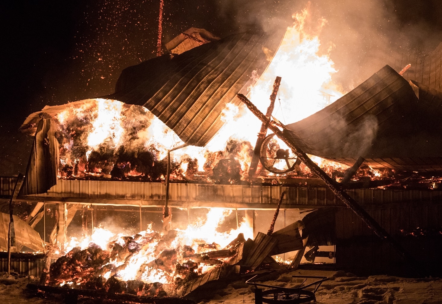 L’étable a été complètement détruite et une cinquantaine d’animaux ont péri dans les flammes. Crédit photo : Steve Jolicoeur