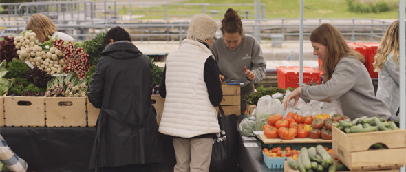 Premier arrêt au Marché des Éclusiers, près du Vieux-Port de Montréal, pour la vente des produits frais.