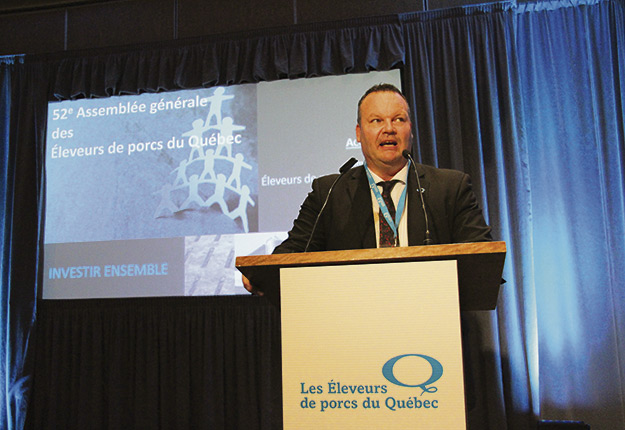 L’assemblée annuelle des Éleveurs de porcs du Québec s’est tenue les 31 mai et 1er juin, sous le thème « Investir ensemble ». Sur la photo, le président David Duval. Crédit photo : Julie Mercier/TCN