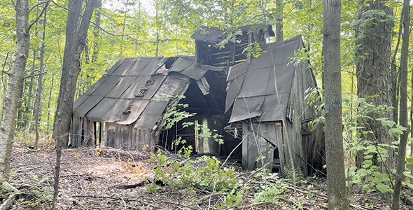  Seuls vestiges encore présents de l’ancienne érablière des St-Jacques, ces ruines de l’ancienne cabane construite par Gérard St-Jacques.