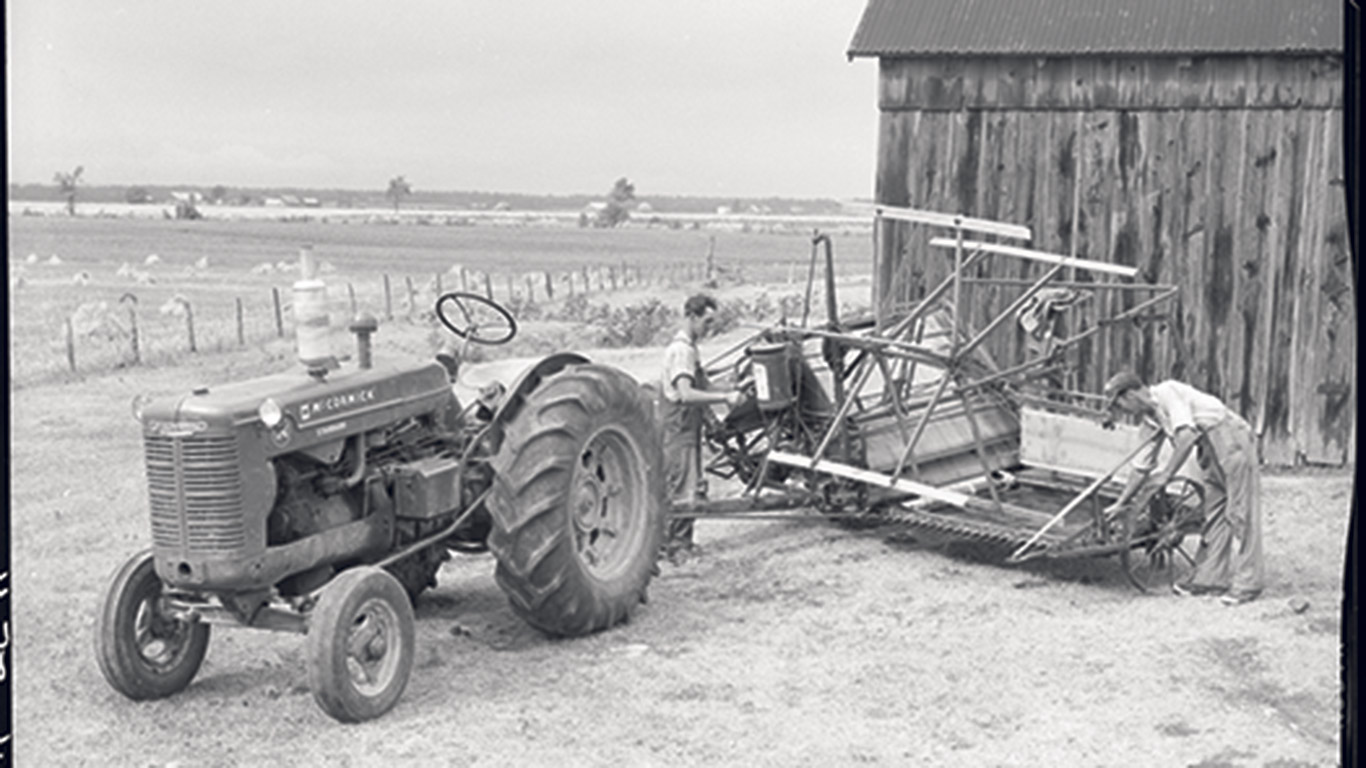 En 1955, l’agronome et photographe Omer Beaudoin a immortalisé Origène Lacasse, un cultivateur de Sainte-Anne-des-Plaines, avec sa moissonneuse. Photo : Omer Beaudoin/BANQ