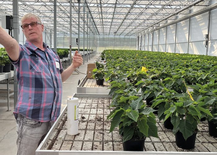 Michel Grégoire explique aux visiteurs que la température est captée par une boîte qui se situe à mi-hauteur du plafond de la première serre et qu’elle envoie une commande au système automatisé pour ajuster le chauffage en temps réel. Photos : Myriam Laplante El Haïli/TCN