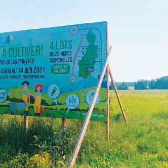 Signe que les petites terres de Lorrainville prennent vie, un poteau électrique avoisine l’affiche promotionnelle du projet depuis que le raccordement au réseau d’Hydro-Québec a été réalisé, l’été dernier. Photo : Émilie Parent-Bouchard