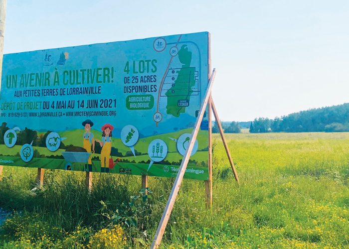 Signe que les petites terres de Lorrainville prennent vie, un poteau électrique avoisine l’affiche promotionnelle du projet depuis que le raccordement au réseau d’Hydro-Québec a été réalisé, l’été dernier. Photo : Émilie Parent-Bouchard