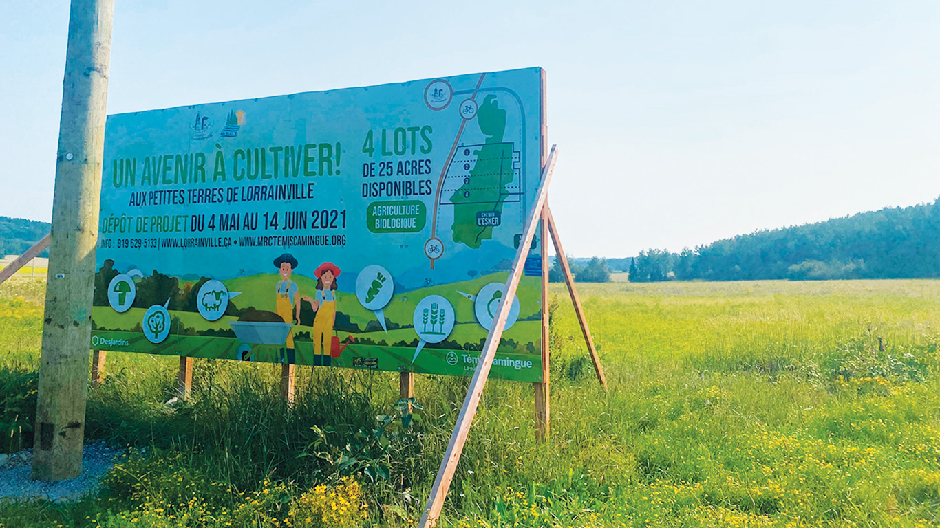 Signe que les petites terres de Lorrainville prennent vie, un poteau électrique avoisine l’affiche promotionnelle du projet depuis que le raccordement au réseau d’Hydro-Québec a été réalisé, l’été dernier. Photo : Émilie Parent-Bouchard