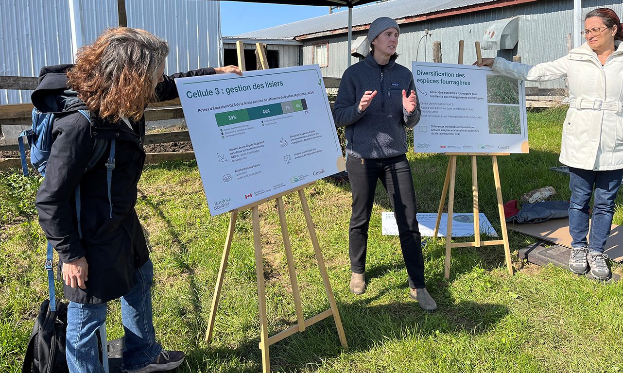 Le 11 octobre, l’agronome Ann-Sophy Côté (au centre) a présenté les projets de recherche des cellules qu’elle coordonne sur l’alimentation des ruminants, la régie des plantes fourragères et la gestion des lisiers. Photos : Myriam Laplante El Haili/TCN